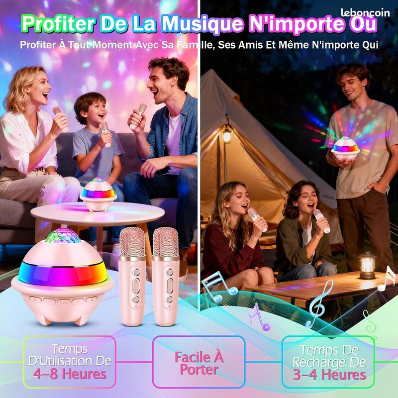Micro Karaoké Enfant Avec LED Disco – Bluetooth, 2 Micros, Effets Vocaux – Cadeau 3-12 Ans