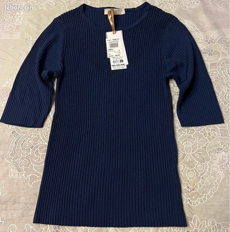 Top blouse bleu marine côtelé avec jeu de transparences taille S/M Rinascimento (image 3)