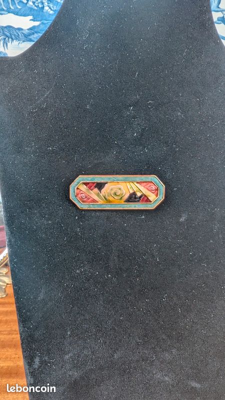 Broche Ancienne En émail Cloisonné Style Art Déco - Motifs Géométriques Et Fleuris