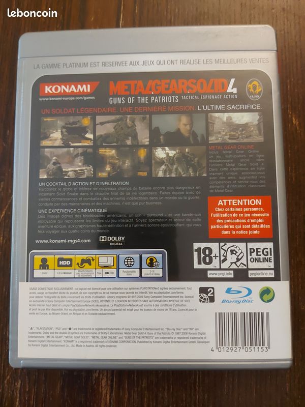 Jeux vidéo Plastation 3 Metal Gear Solid 4 Guns Of The Patriots Platinium (image 2)