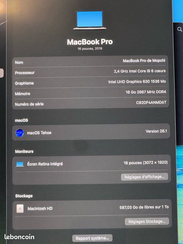 Macbook Pro 16" - INTEL i9 8 coeurs - 16Go Ram - 1to (image 10)