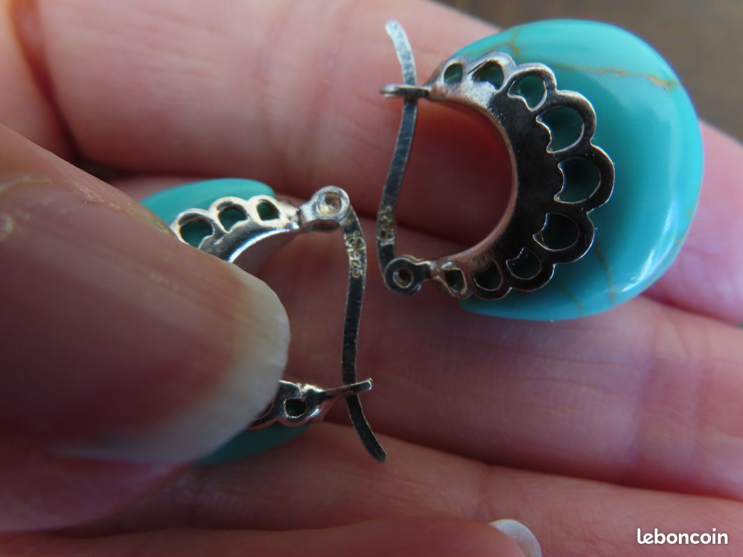 Boucles D'oreilles En Argent 925 Et Turquoise Vintage - Percées, Fait Main, Couleur Bleue