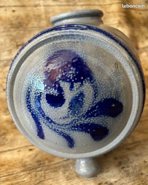 Ancien VINAIGRIER tonneau en GRES d'ALSACE décor foral bleu cobalt (image 7)