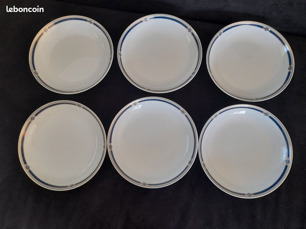 6 Assiettes creuses porcelaine de Limoges Médard de Noblat Cantani bleu (image 1)