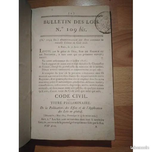 Bulletin Des Lois Code Civil Imprimerie Royale Septembre 1816 (image 3)