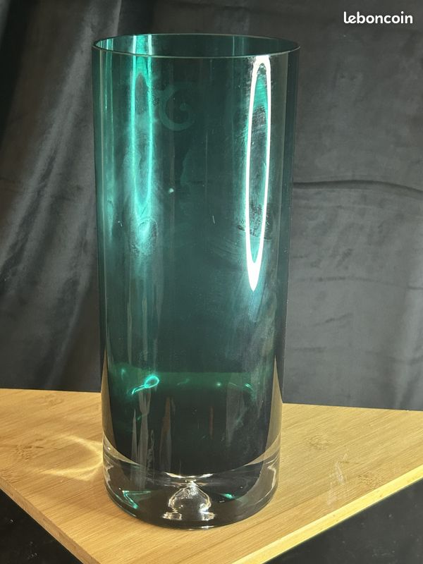 Vase rouleau en cristal de Bohème vert gravé rose dépolie 27 cm (image 5)