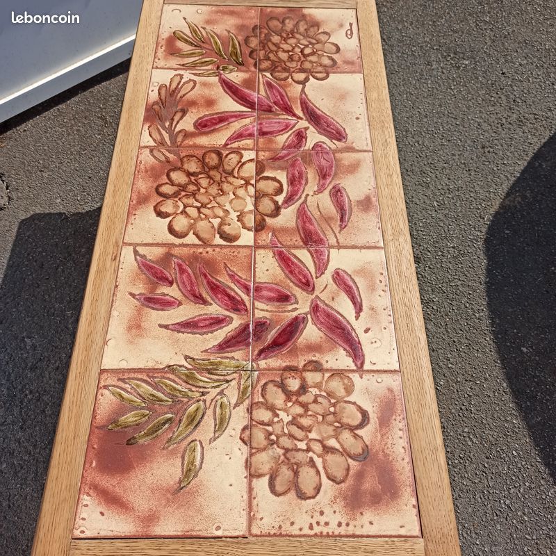 Table basse bout de canapé vintage plateau céramique fleuri signée (image 2)