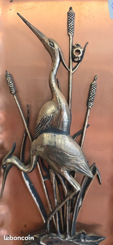 Plaque Décorative Ancienne En Cuivre - Thème Oiseaux - 27 X 12 Cm