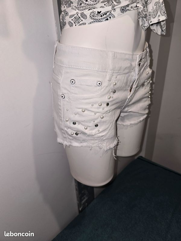 Short en jean blanc avec perles et strass jovial denim m 38 (image 9)