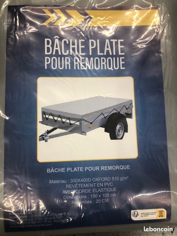 Bâche Plate Renforcée Pour Remorque 214x122x13 Cm – 420D Oxford Étanche, Anti-UV, Bandes Réfléchissantes + Corde 8m – Idéale Pour Remorques 750 Kg