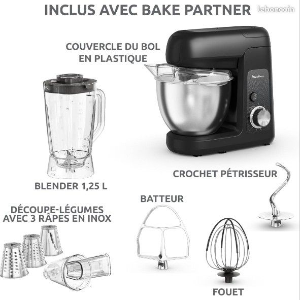 Robot moulinex neuf 1100WMoulinex Bake Partner, Robot pâtissier, Puissance 1100 W, Bol inox 4,6L, Batteur, Fouet, Pétrin, Blender, Découpe-légumes, Résultat homogène, Noir, QA522810 (image 8)