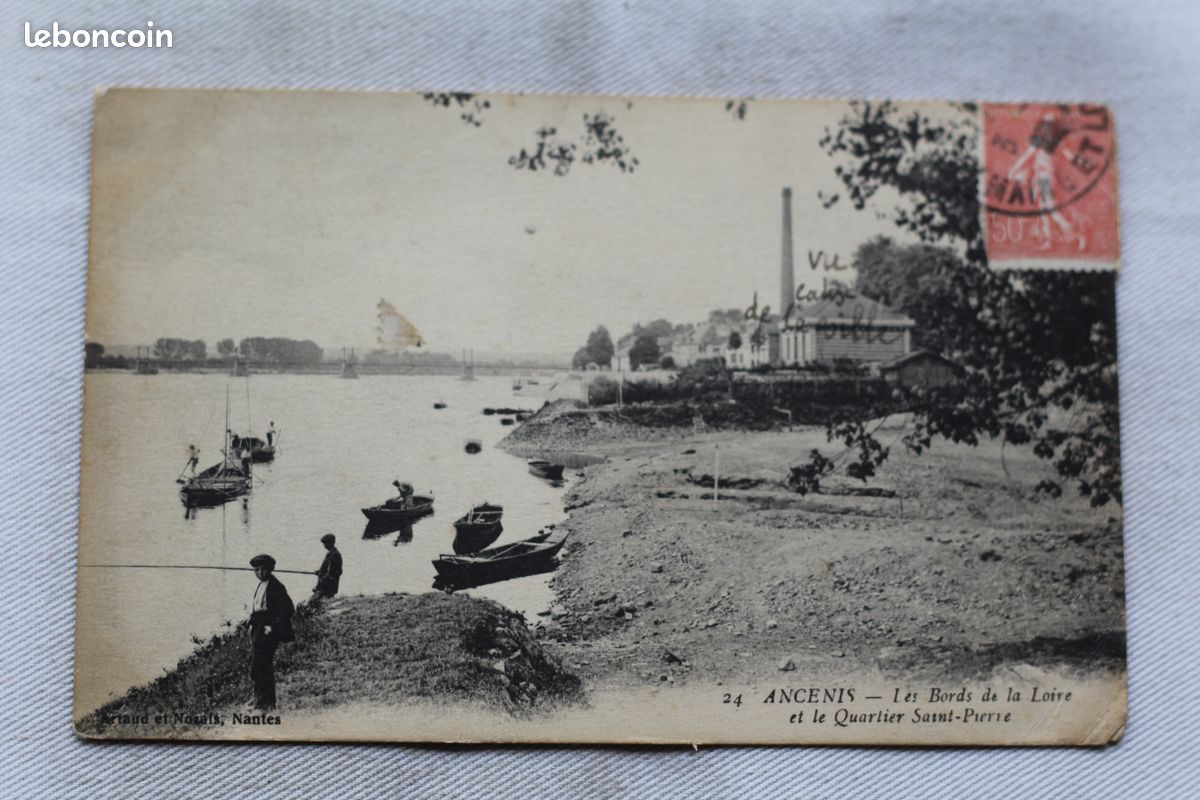Ancenis, les bords de la Loire et le quartier saint Pierre, pêche, Loire Atlantique 44, carte postale ancienne cpa, vf91 (image 1)