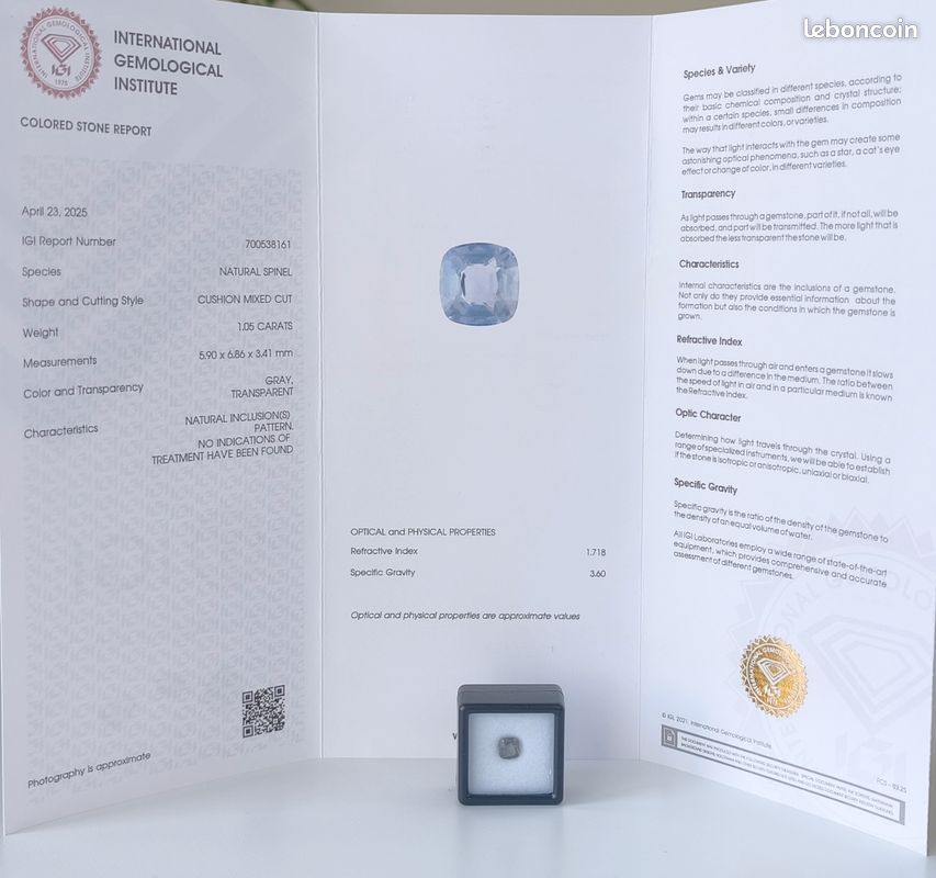 Spinelle gris naturel 1,05 ct certifié IGI – Non traité (image 8)