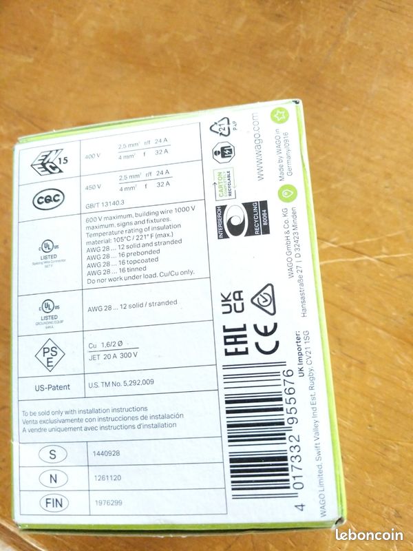 Boîte de 50 Bornes 3 fils 222-413 Wago (neuve) (image 2)