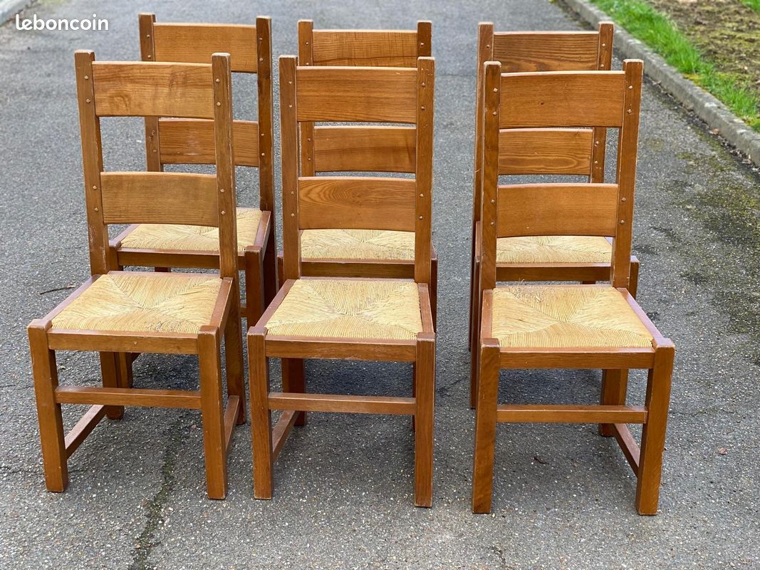 Lot de 6 chaises anciennes en bois avec assise en cannage (D'occasion