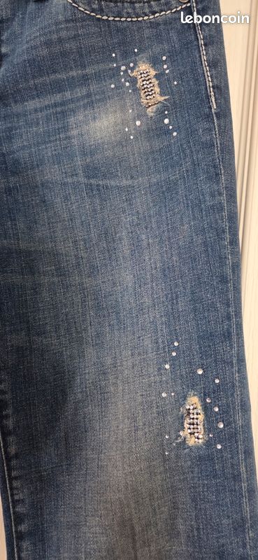 Jean GUESS Taille 27 (36/38) - Rayé Marine Coutures Jaunes - Occasion Quasi Neuf