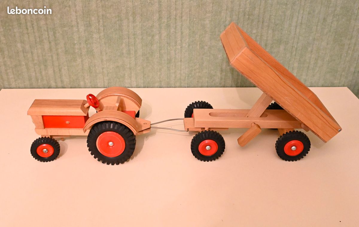 JOUET EN BOIS Tracteur Avec Fourgon Remorque Nature Hxlxp 3,5x7,5x3cm