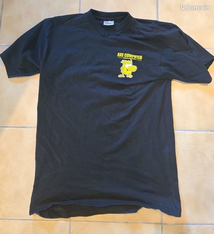 T-shirt AXE Computer noir col V – Taille M – Geek rétro – Double imprimé (image 3)