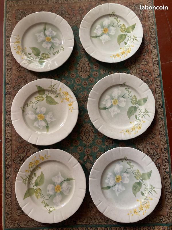 Lot grandes assiettes Luneville KG Art nouveau ancien fleur clématite jaune (image 1)