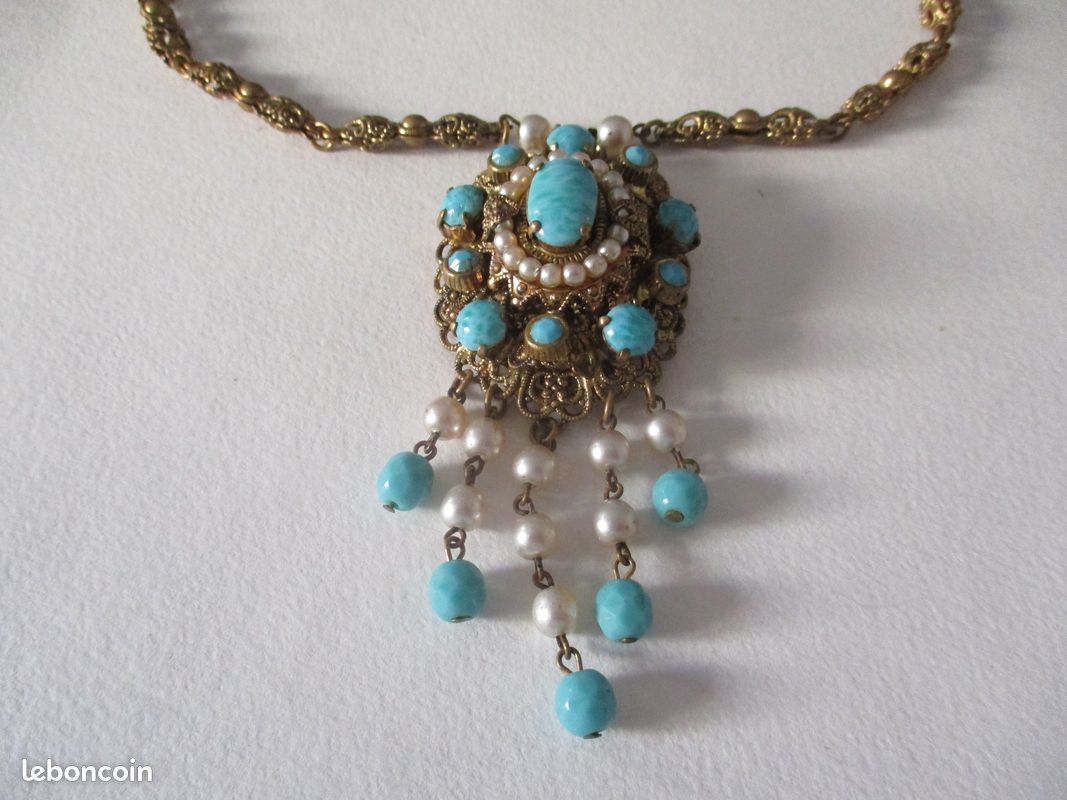 Collier Ancien Perles Pâte De Verre Bleu Turquoise - Attribué à Louis Rousselet