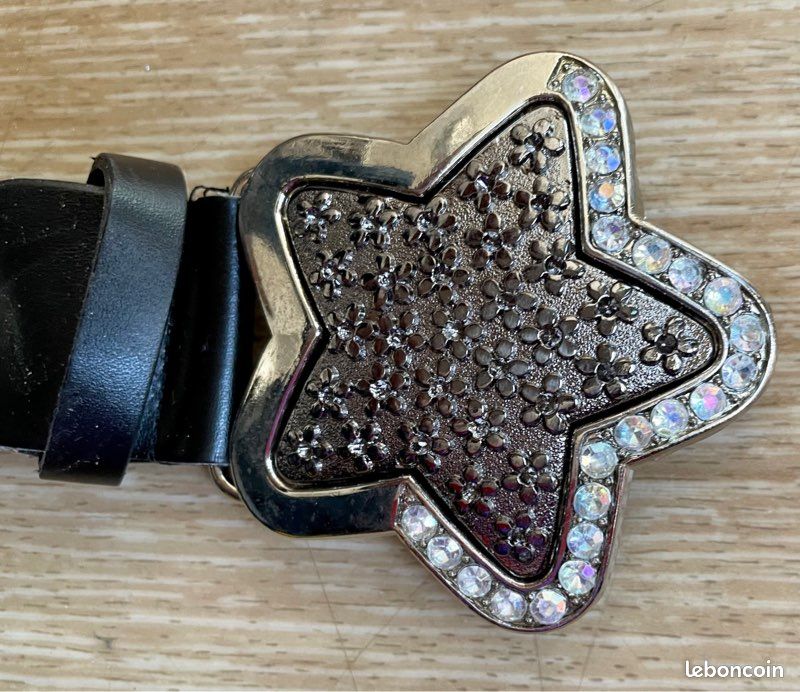 Ceinture Skinny Femme Cuir Véritable Noir - Strass Gunmetal, Taille S/M, Neuve Avec étiquettes