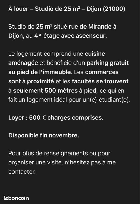 Appartement 1 pièce 25 m² · à Dijon · 25 m² · 500 €/mois
