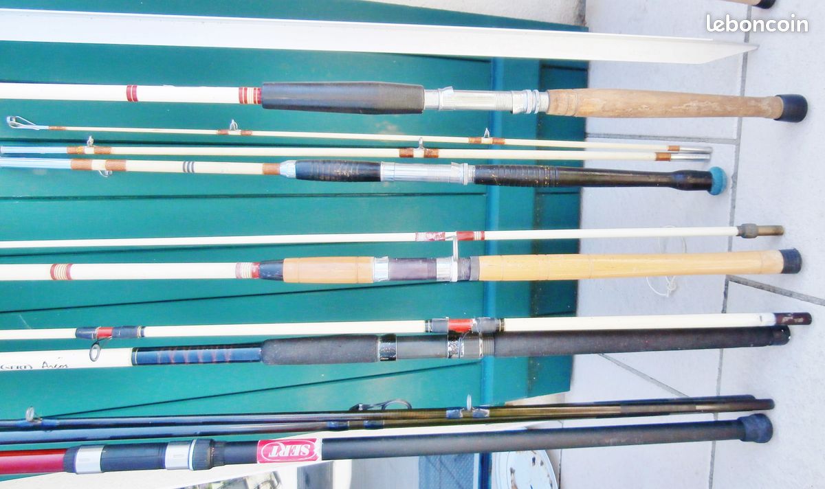 Cannes à pêche surf casting 4,5 m carbone + autres cannes en fibre de verre pleines et creuses – Pêche au gros – 1 Long piquet pour cannes surf casting – Moulinets divers petits et très gros (image 9)