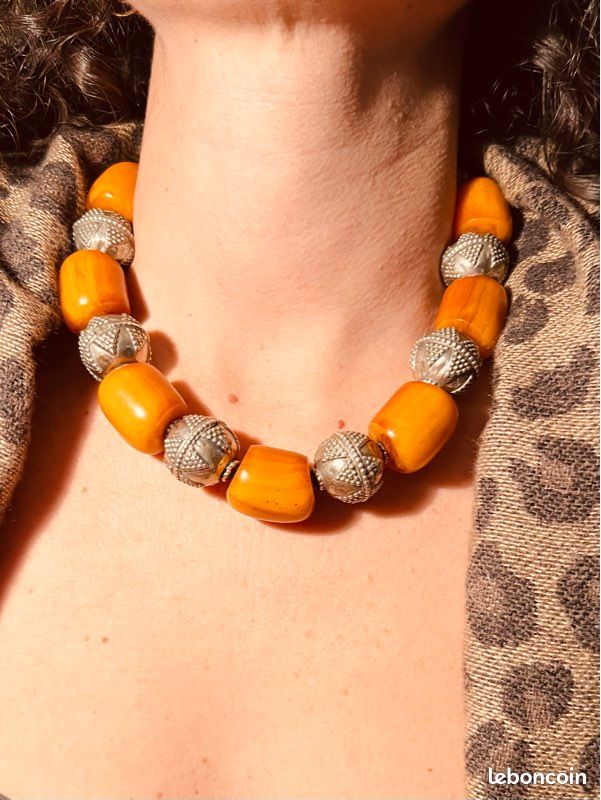 Collier Ancien En Ambre - Bijou Vintage Occasion, Pierre D'ambre Naturelle