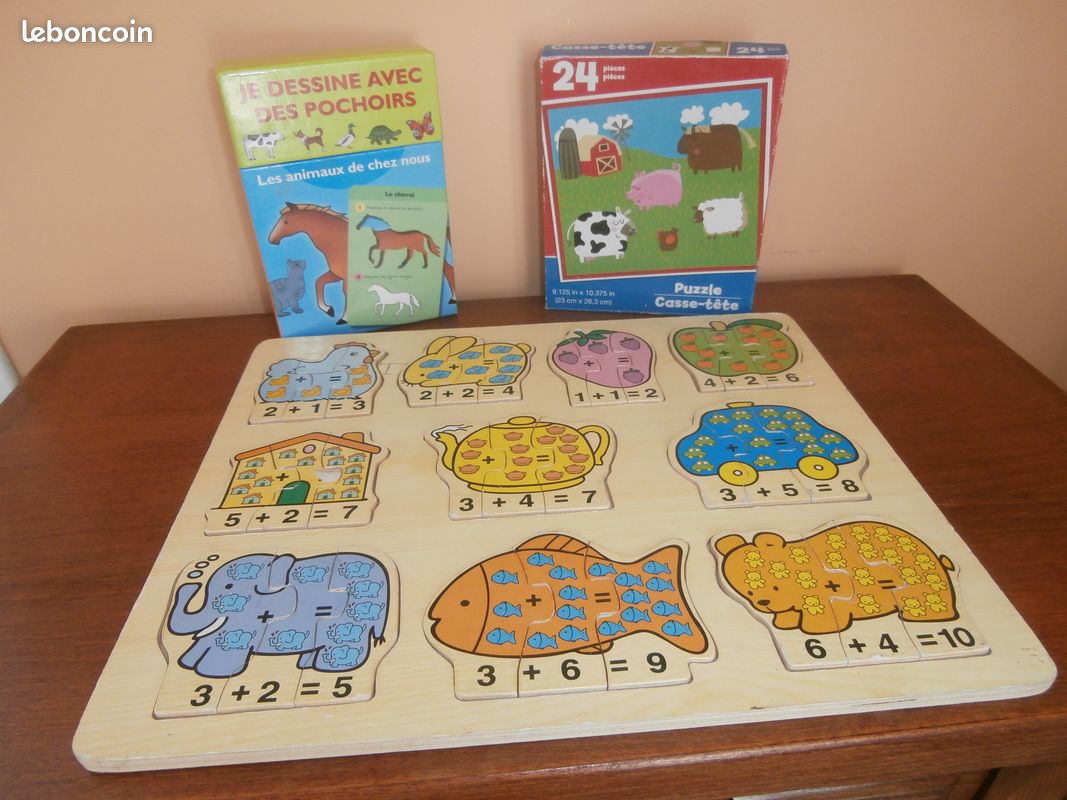 Lot de 2 puzzles + 1 boite pochoirs animaux en très bon état (image 1)