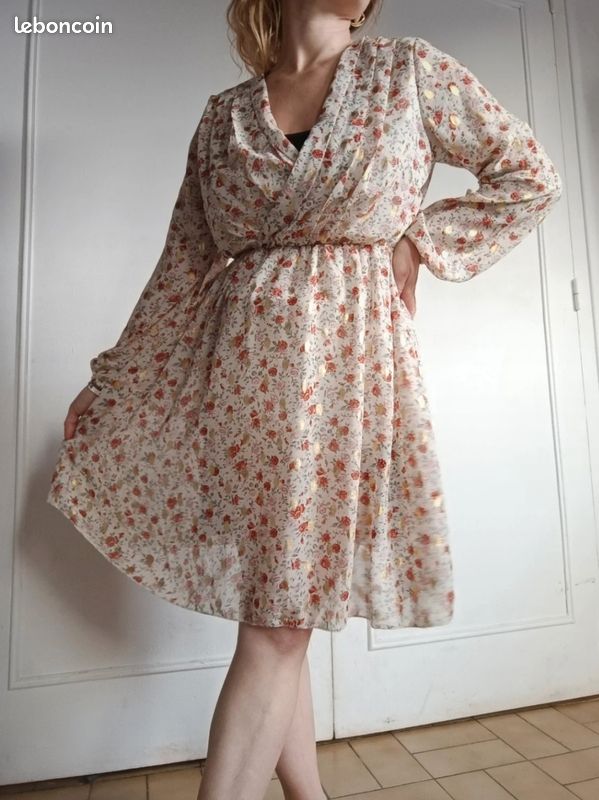 💎 robe empire élégante nude fleurie et feuille doré taille xs s