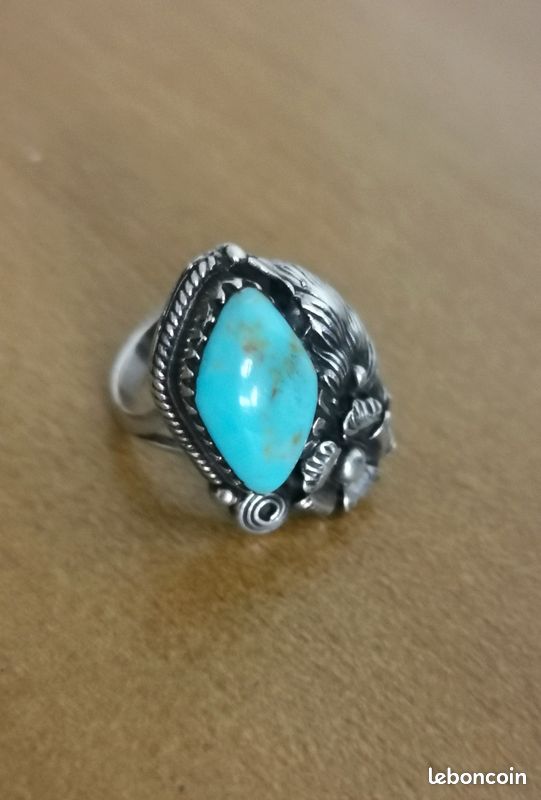 Bague Amérindienne Vintage En Argent Sterling - Mosaïque Turquoise Et Corail - Taille 52