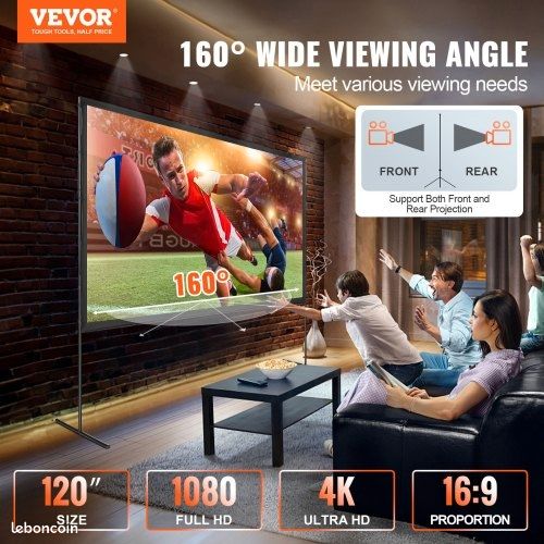 Écran de projection VEVOR avec support, 120 pouces HD 4K, utilisable en intérieur et extérieur, pliable et portable, format 16:9, idéal pour le home cinéma, le camping, les loisirs, etc., noir (image 1)