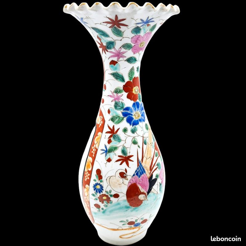 Vase Japonais porcelaine période Meiji (1868-1912) - Samouraï et dame en kimono faisan, fleurs de cerisier, érables rouges, Mont Fuji (image 5)