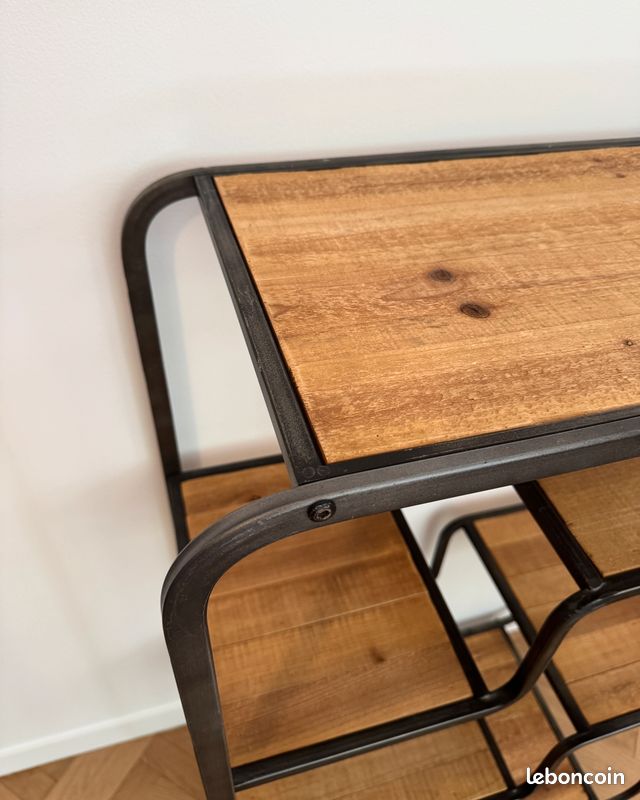 Etagère industriel asymétrique bois métal roulette (image 9)