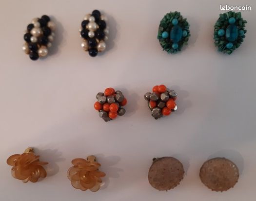 Lot de 5 Boucles d'oreilles clips vintage "perles colorées" (image 1)