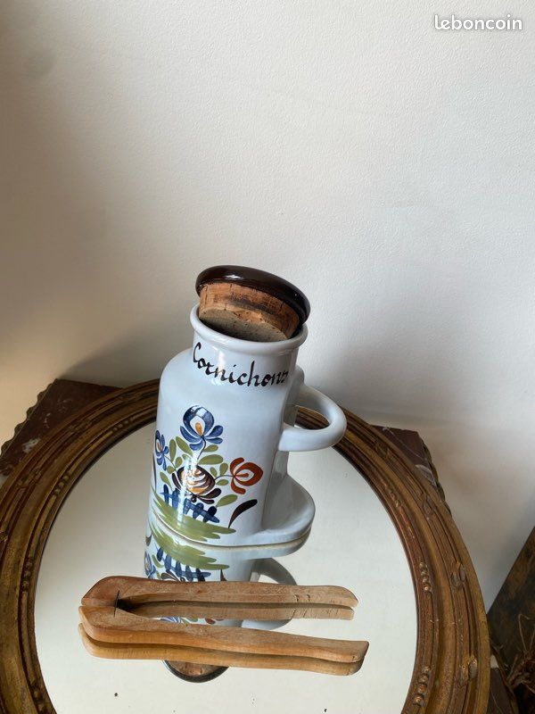 Pot à Cornichons Vintage en Grès / Céramique avec sa Pince en Bois (image 2)