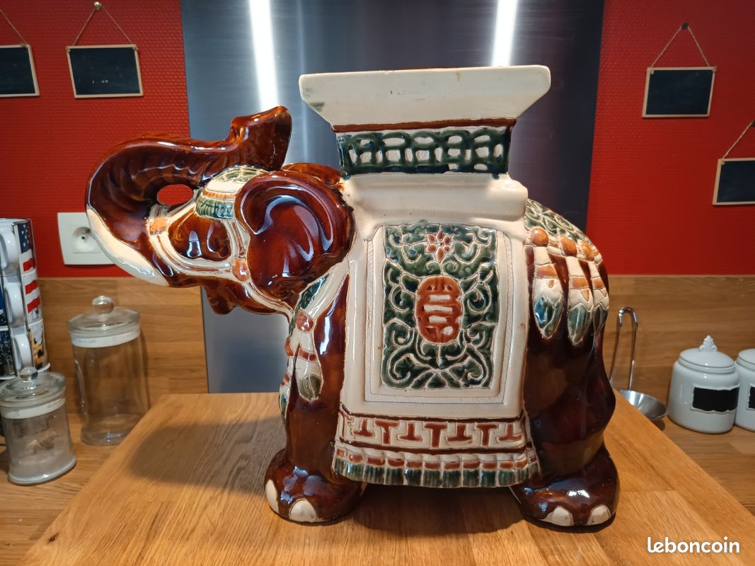 Grand éléphant céramique porte plante guéridon support bohème colonial exotique indien (image 1)