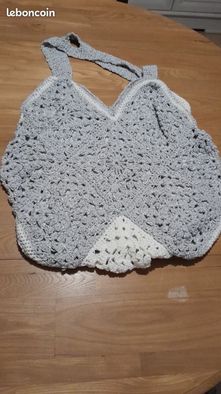 Grand Sac plage besace fait main au crochet gris blanc (image 1)