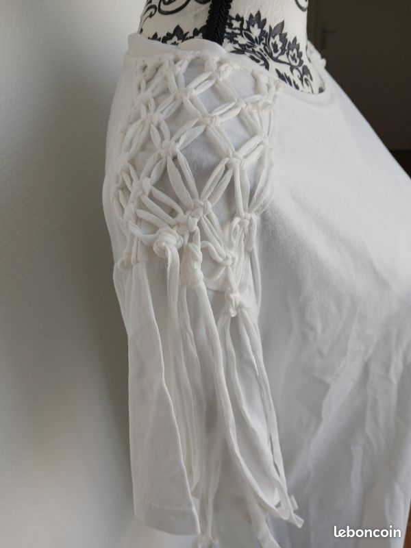 T-shirt ZARA trafaluc blanc S/M détails macramé franges bohème festival (image 4)