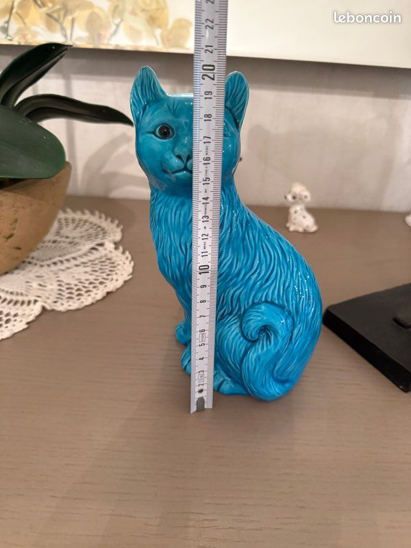 Statuette chat Vintage | Figurine céramique émaillée bleu turquoise | Déco rétro (image 5)