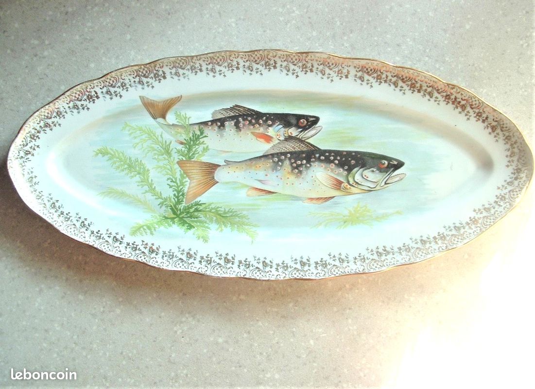 SERVICE A POISSON + GRAND PLAT et ses 8 assiettes porcelaine de limoges (image 1)