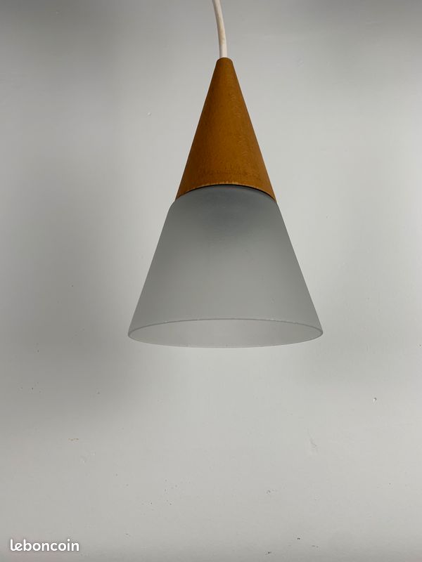Suspension vintage en verre et teck, ES HORN Danmark (image 3)