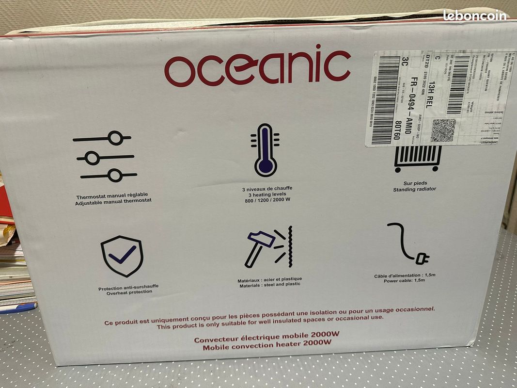 Radiateur électrique OCEANIC 2000W - Convecteur Mobile Blanc - 3 Puissances & Thermostat