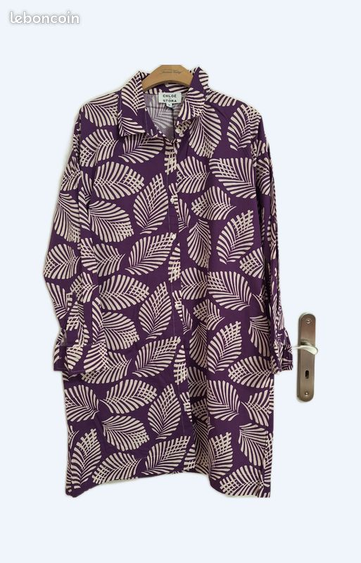 Robe Chemisier CHLOÉ STORA Collection Luxe – Violet Florale – Taille 36 – Nemo Palm Dress | Robe Chic Élégante