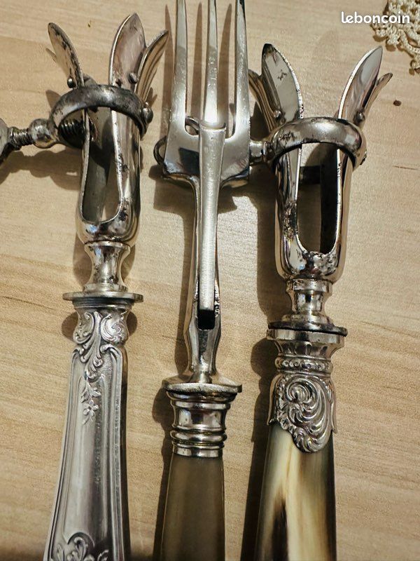 Ancien Manche à Gigot Français En Métal Argenté Et Corne De Vache