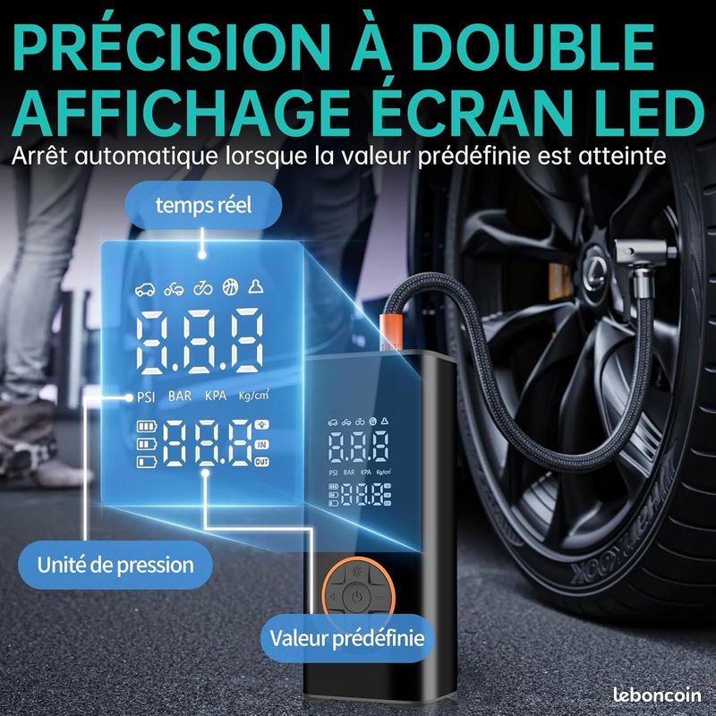 Gonfleur Pneus Voiture – Compresseur à Air Portatif 45L/Min Puissant, Gonfleur Électrique Rapide