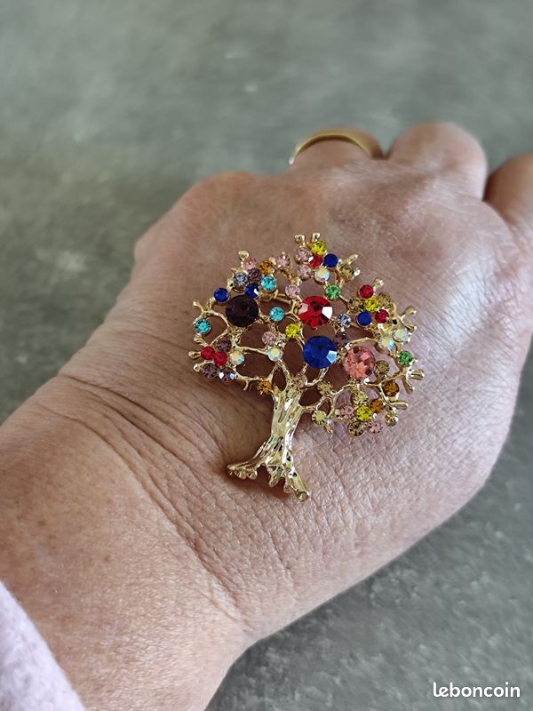 Broche Vintage Arbre Avec Perles Et Cristaux - Bijou Ancien Couleur Or