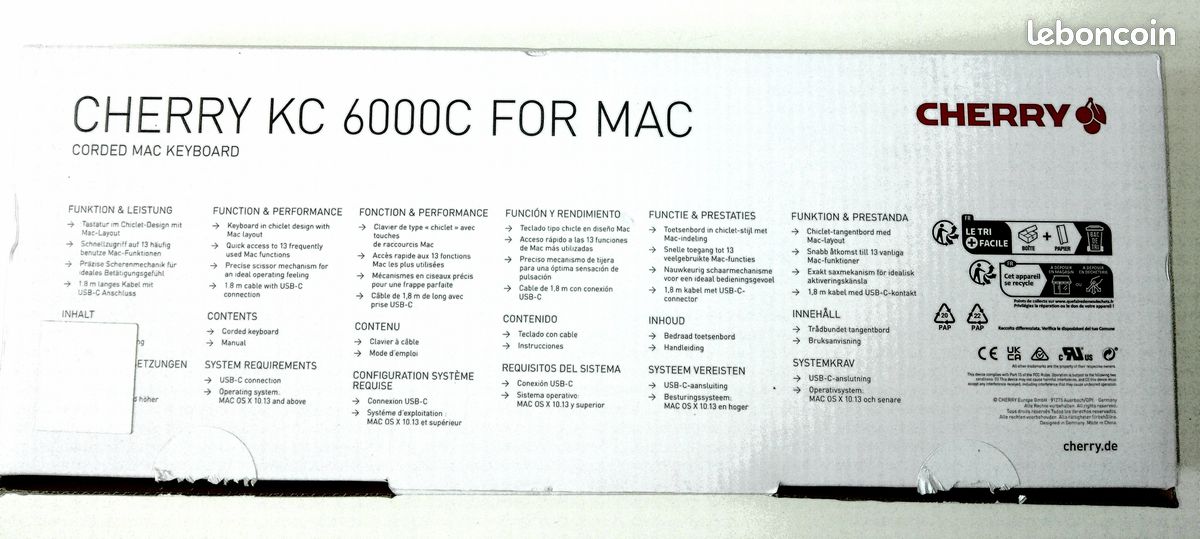 Clavier Filaire Cherry KC 6000C Pour Mac - Connexion USB-C - Disposition RU (Qwerty) - Argent