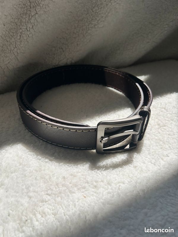 Ceinture en cuir marron liseré blanc taille 115 cm (image 4)