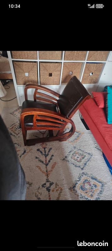 Fauteuil cuir et bois (image 2)